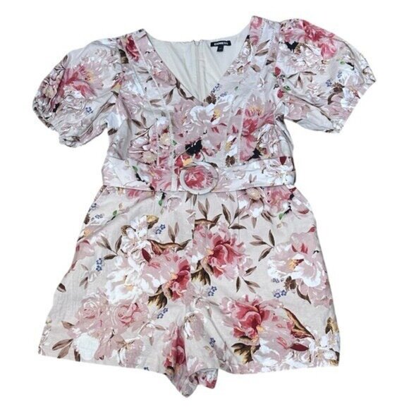 Express Women's L Floral Puff Sleeve Romper Cottagecore Belt Linen Pink Pockets - Picture 1 of 7